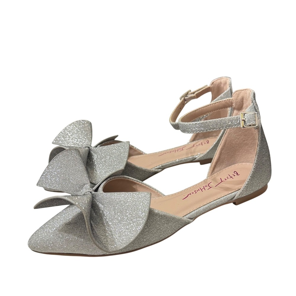 Betsey Johnson Girls Noble Ballet Flats Silver Glitter Bow Ankle Strap Shoes 3‎